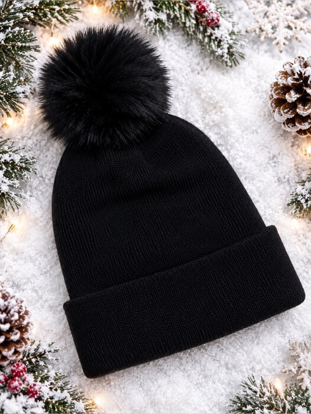 Black Pom Pom Beanie Hat
